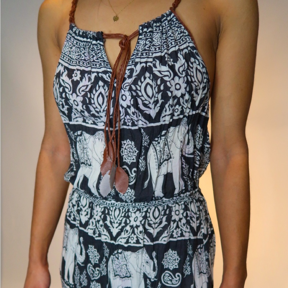 Black and white elephant print boho dress from Thailand. Flowy, low back, maxi!